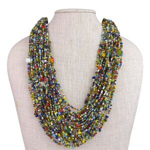 African Inspired Multicolor Glass Bead Statement Necklace Womens Wooden Clasp